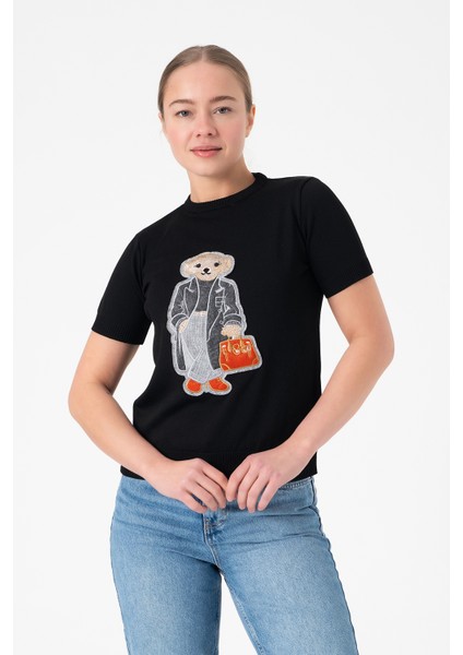Ayıcık Nakışlı Bisiklet Yaka Siyah Triko Bluz