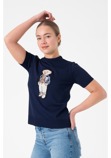 Ayıcık Nakışlı Bisiklet Yaka Lacivert Triko Bluz modelleri