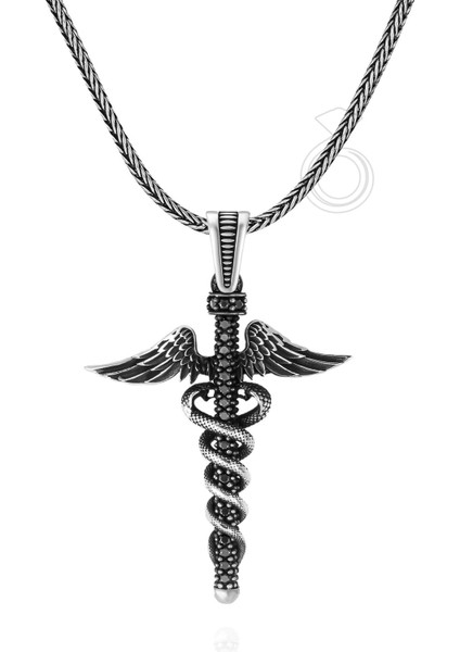 925 Ayar Gümüş Caduceus Tıp Sağlık Sembolü Erkek Kolye