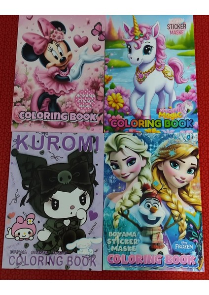 4 Adet Stickerli Boyama Kitabı (Unicorn,elsa',kuromi',minnie Figürlü)