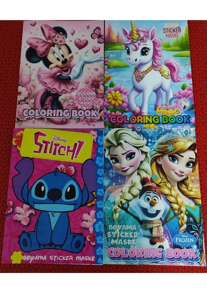 4 Adet Stickerli Boyama Kitabı (Unicorn,elsa',stitch,minnie Figürlü)