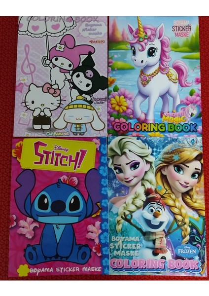 4 Adet Stickerli Boyama Kitabı (Unicorn,elsa',stitch,hello Kitty Figürlü)