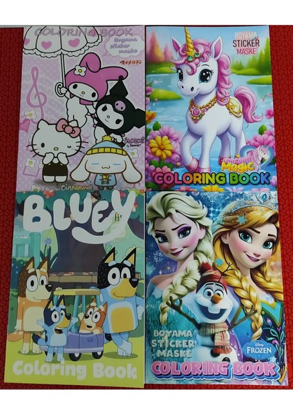 4 Adet Stickerli Boyama Kitabı (Unicorn,elsa',bluey,hello Kitty Figürlü)