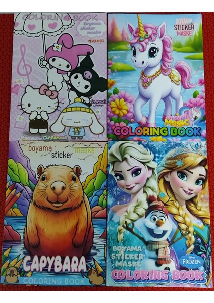 4 Adet Stickerli Boyama Kitabı (Hello Kitty,elsa,capybara,unicorn Figürlü)