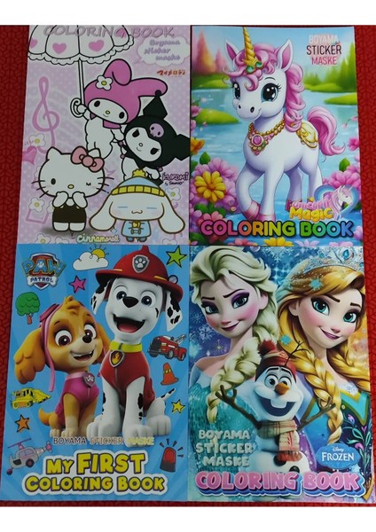 4 Adet Stickerli Boyama Kitabı (Hello Kitty,elsa,paw Patrol,unicorn Figürlü)