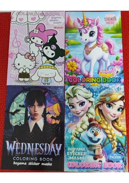 4 Adet Stickerli Boyama Kitabı (Hello Kitty,elsa,wednesday,unicorn Figürlü)