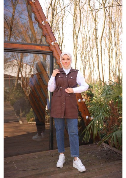 Belden Lastikli Çıtçıtlı Dört Cepli Kapitone Yelek - (38-46) - 71256 - Kahverengi fiyatları