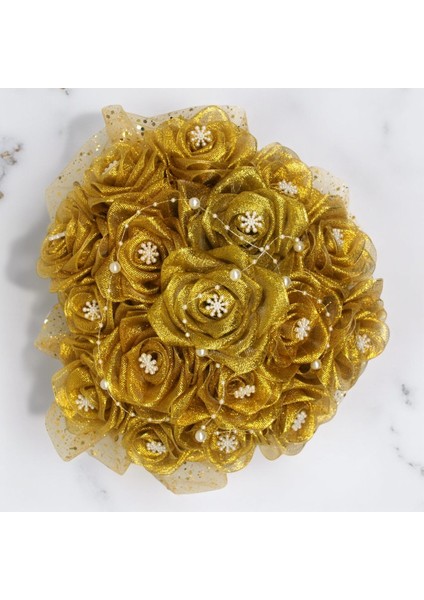 Siyah Kalp Kutuda Altın ve Gümüş Simli Organze Güller Dekorati Hediyelik Çiçeği fiyatları