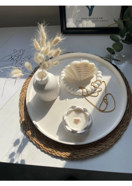 5'li Yuvarlak Tepsi & Vazo& Lotus Mum & Istiridye Mum & Kabarcıklı Alt Tabak
