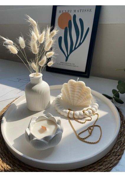 5'li Yuvarlak Tepsi & Vazo& Lotus Mum & Istiridye Mum & Kabarcıklı Alt Tabak