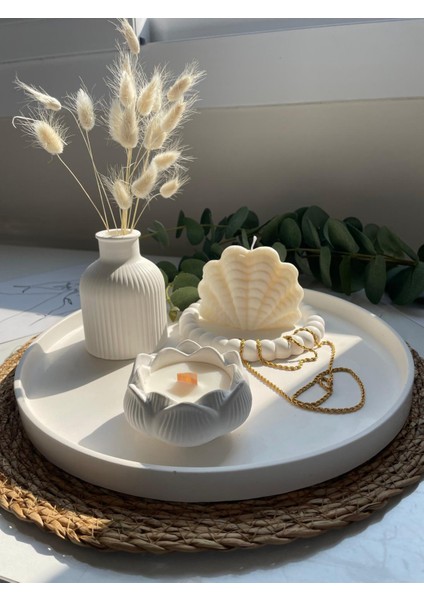 5'li Yuvarlak Tepsi & Vazo& Lotus Mum & Istiridye Mum & Kabarcıklı Alt Tabak