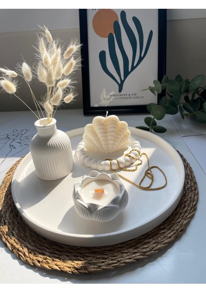 5'li Yuvarlak Tepsi & Vazo& Lotus Mum & Istiridye Mum & Kabarcıklı Alt Tabak