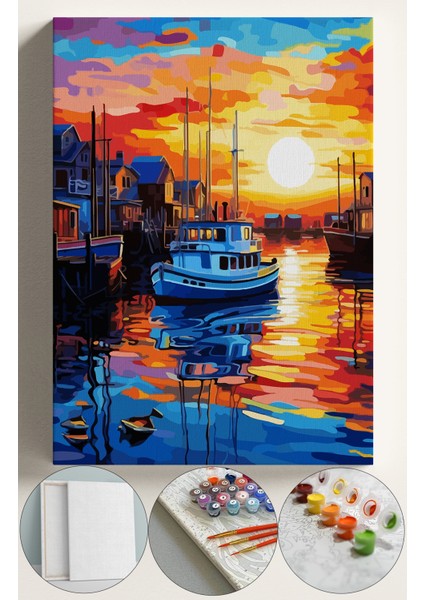 Sayılarla Boyama Çerçeveli Hobi Seti Numaralı Tuval Fırça Boya Dahil Kasnaklı 40X50 cm Gün Batımı Tekne