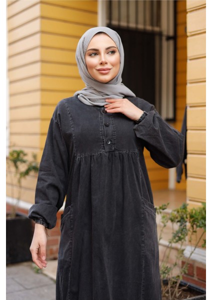 Kadın Cepli Robalı Uzun Kot Elbise -PMK405