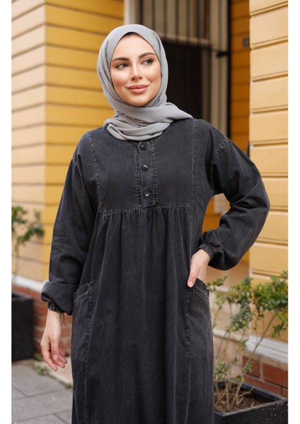 Kadın Cepli Robalı Uzun Kot Elbise -PMK405