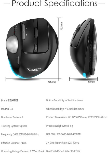 F-33 Trackball Ergonomik Mouse Rgb 4800 Dpı