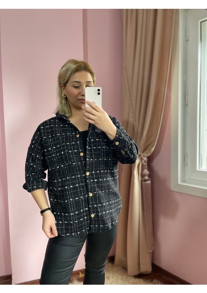 Gokilibutik Siyah Tüvid Kumaş Standart Beden Oversize Kadın Gömlek