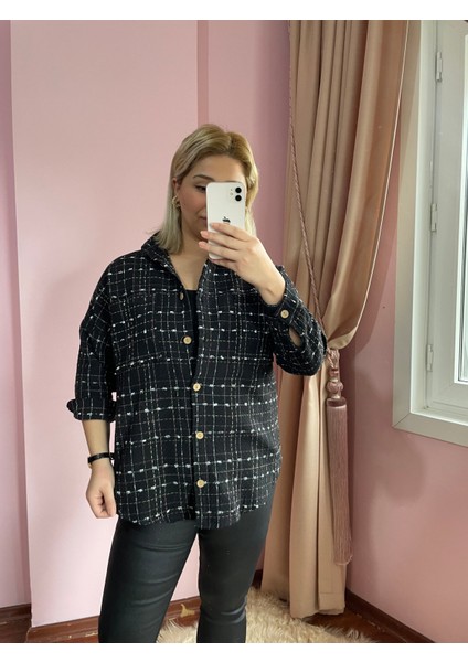 Gokilibutik Siyah Tüvid Kumaş Standart Beden Oversize Kadın Gömlek