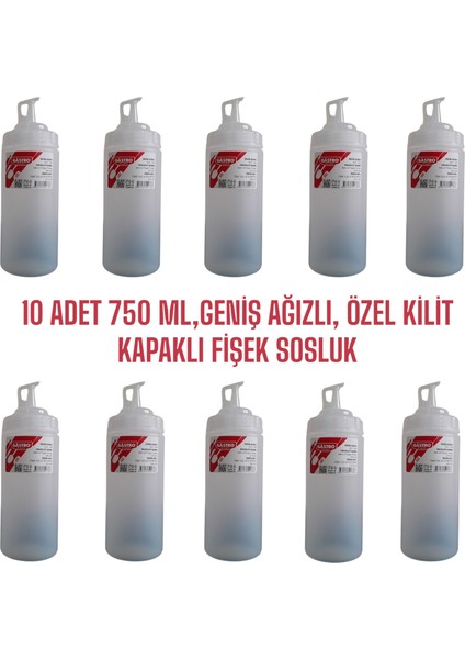 10 Adet 750 ml ,Şeffaf renkli ,geniş Ağızlı, Özel Kilit Kapaklı Fişek Sosluk. Ketçap Şişesi, Mayonez Şişesi, Hardal Şişesi, Yağlık, Limonluk, Sirkelik.