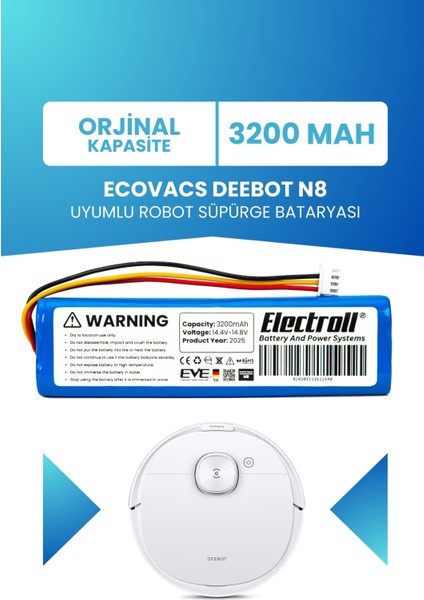 Ecovacs Deebot N8 Uyumlu Batarya (Orjinal Kapasite) 3200MAH Pil Robot Süpürge Bataryası Değişim