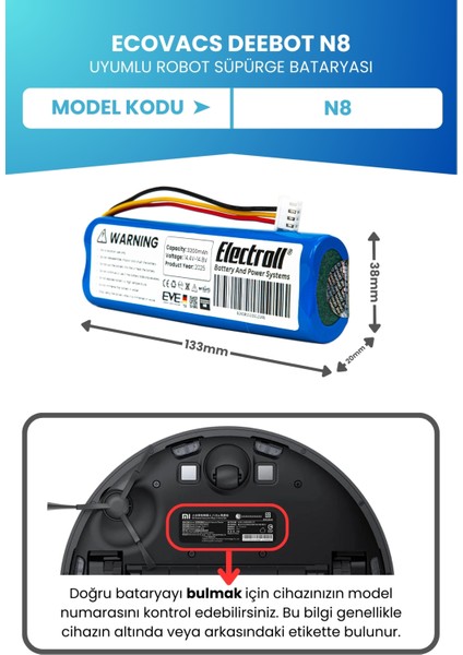 Ecovacs Deebot N8 Uyumlu Batarya (Orjinal Kapasite) 3200MAH Pil Robot Süpürge Bataryası Değişim