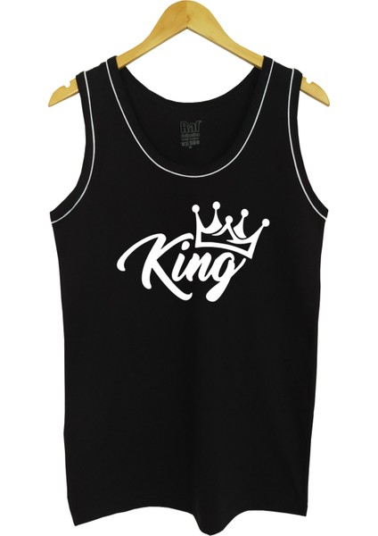 Erkek Askılı Siyah T-Shirt King Dijital Baskılı