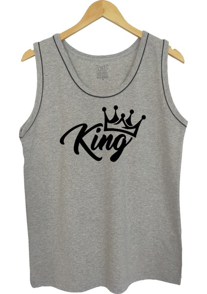 Erkek Askılı Gri Melanj T-Shirt King Dijital Baskılı