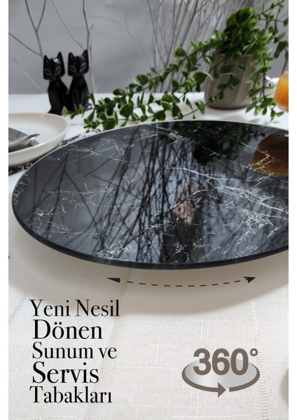 Siyah Mermer Desenli, Dönen Standlı Lüx Servis Sunum Tabağı, Peynir Tabağı, Döner Pasta Standı