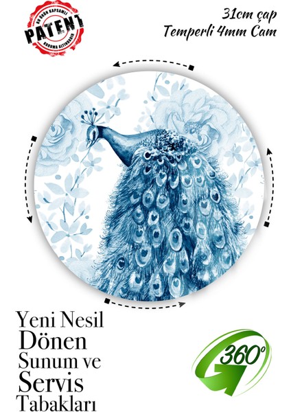 Tavuskuşu Desenli, Döner Standlı Servis Ve Sunum Tabağı, Peynir Tabağı, Lazy Susan