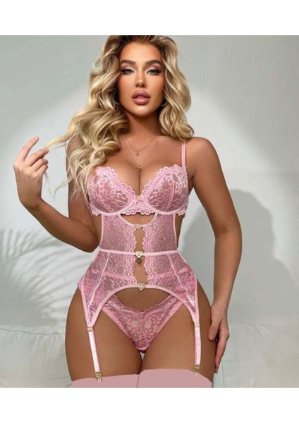 Rahat Estetik ve Şık Tasarım Pembe Jartiyer Gecelik Set