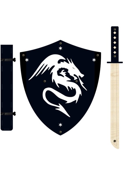 Ahşap Oyuncak Japon Samuray-Ninja Kalkanı ve Katana Kılıcı Siyah