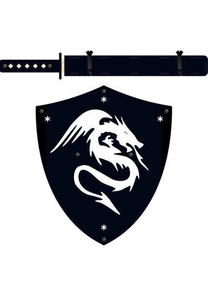 Ahşap Oyuncak Japon Samuray-Ninja Kalkanı ve Katana Kılıcı Siyah