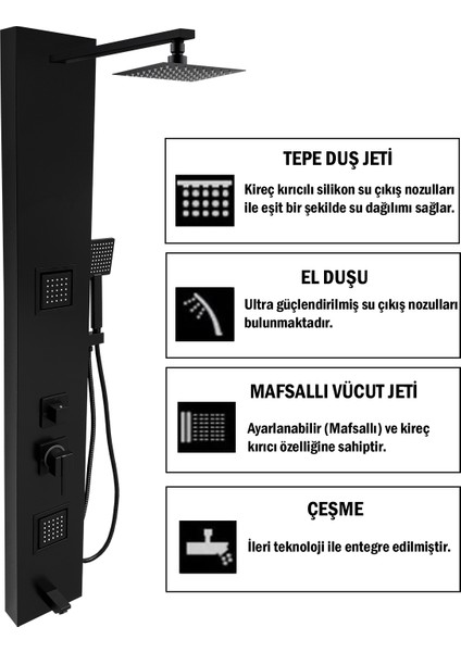 Yeni Mafsallı Tepe Duş Sistemli Atlas Siyah Premium Masajlı Duş Seti