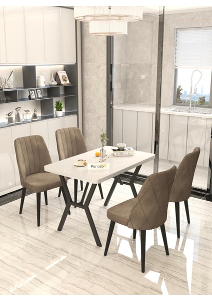 Rina 70x110 cm Beyaz Mutfak Masası, Masa Sandalye Takımı, Masa Takımı, 4 Kahverengi Sandalye