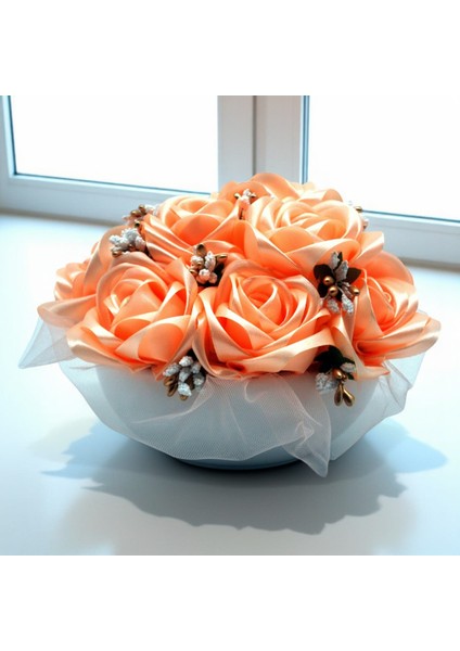 Beyaz Porselen Saksıda Satengüller - Dekoratif Çiçek - Masa Çiçeği -