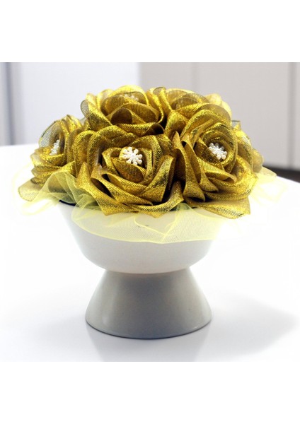 Ayaklı Porselen Vazoda Saten Güller - Dekoratif Çiçek - Masa Çiçeği - Hediyelik Çiçek