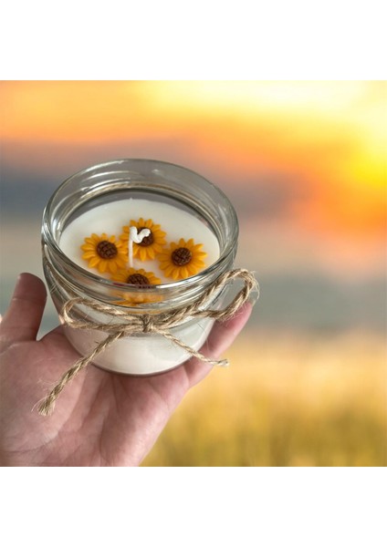 El Yapımı Doğal Soya Wax Ayçiçek Temalı Kavanoz Vegan Mum