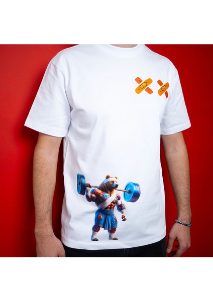Warrior Bear Çift Iplik Dokumalı Rahat Kalıp PAMUK T-Shirt modelleri