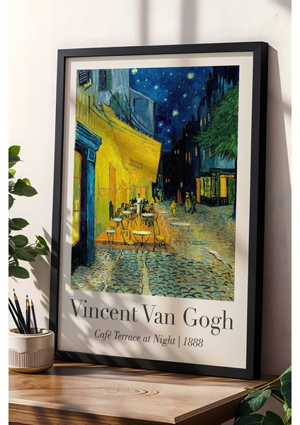 Vincent Van Gogh Geceleyin Kafe Terası 1888 Vintage Doğal Ahşap Çerçeveli Duvar Tablosu