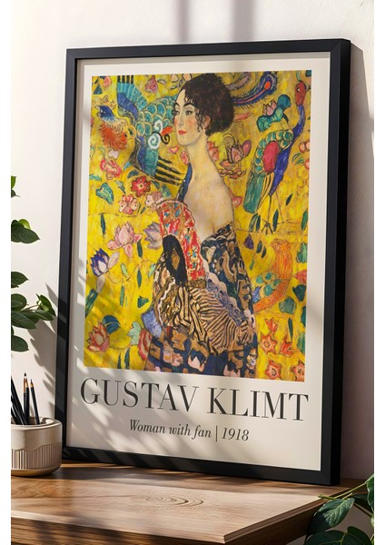 Gustav Klimt Yelpazeli Kadın 1918 Vintage Doğal Ahşap Çerçeveli Duvar Tablosu