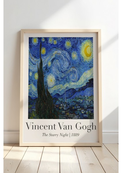 Vincent Van Gogh Yıldızlı Gece 1889 Vintage Doğal Ahşap Çerçeveli Duvar Tablosu