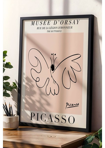 Picasso Kelebek Minimalist Çizim Doğal Ahşap Çerçeveli Duvar Tablosu