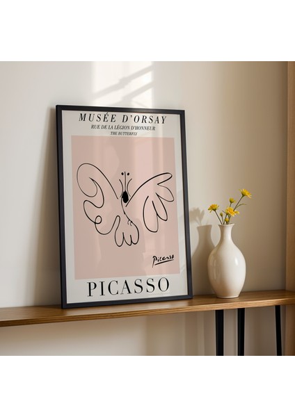 Picasso Kelebek Minimalist Çizim Doğal Ahşap Çerçeveli Duvar Tablosu fiyatları