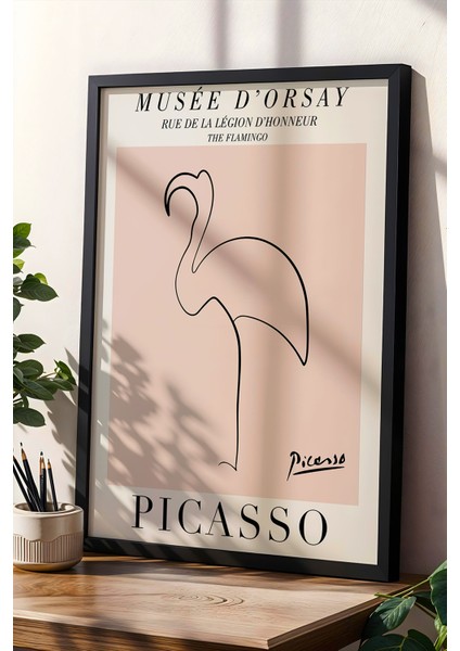 Picasso Flamingo Minimalist Çizim Doğal Ahşap Çerçeveli Duvar Tablosu