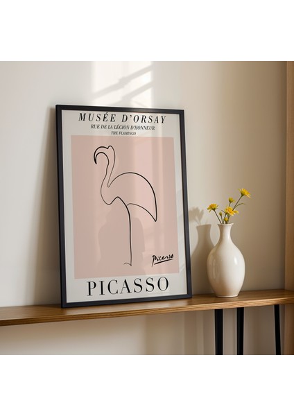 Picasso Flamingo Minimalist Çizim Doğal Ahşap Çerçeveli Duvar Tablosu fiyatları