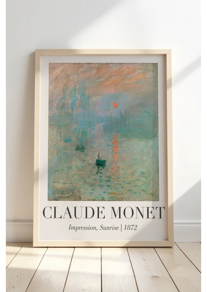 Claude Monet Izlenim, Gün Doğumu Vintage Doğal Ahşap Çerçeveli Duvar Tablosu