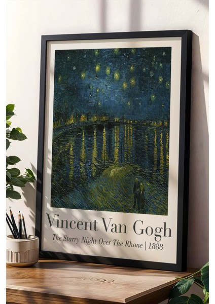 Vincent Van Gogh Rhone Üzerinde Yıldızlı Gece Vintage Doğal Ahşap Çerçeveli Duvar Tablosu