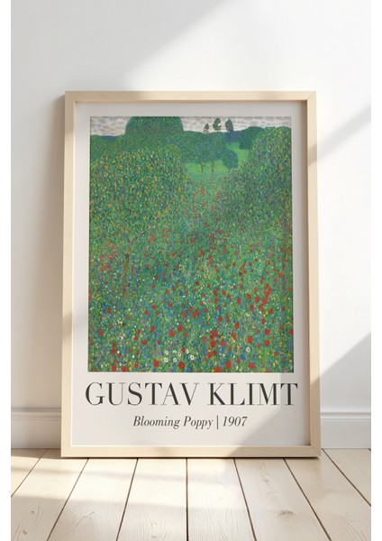 Gustav Klimt Gelincik Çiçeği Tarlası Vintage Doğal Ahşap Çerçeveli Duvar Tablosu