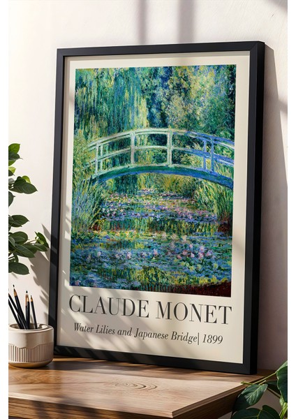 Claude Monet Su Nilüferleri ve Japon Köprüsü Vintage Ahşap Duvar Tablosu