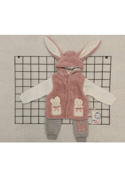 Mulyoso Butiq Rabbit Welsoftlu 3'lü Kapşonlu Pudra Kız Bebek Takım